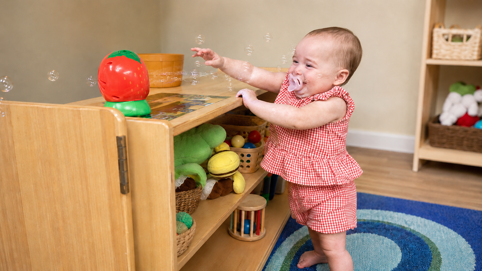 Baby in a red gingham outfit reaching up for floating bubbles during play