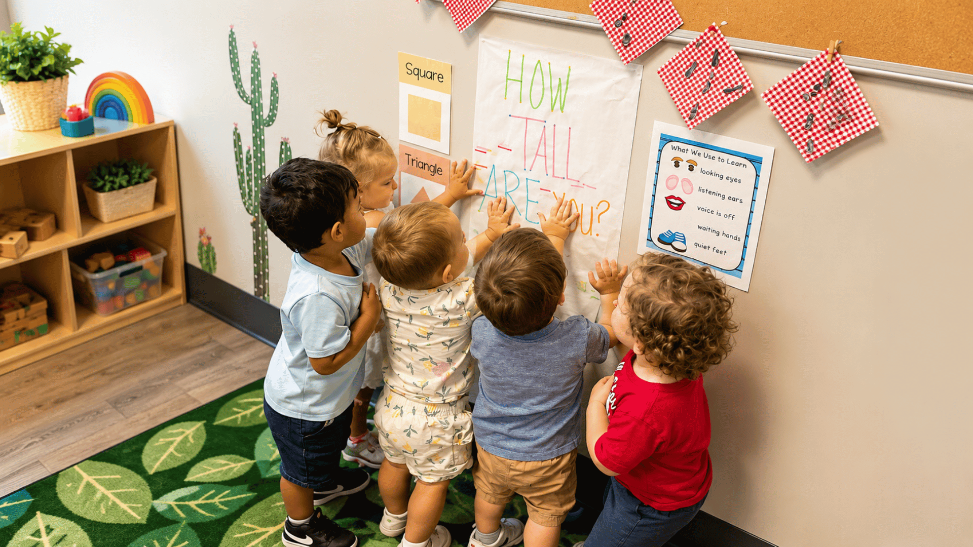Children exploring a How Tall Are You classroom chart at KinderKids Learning Center