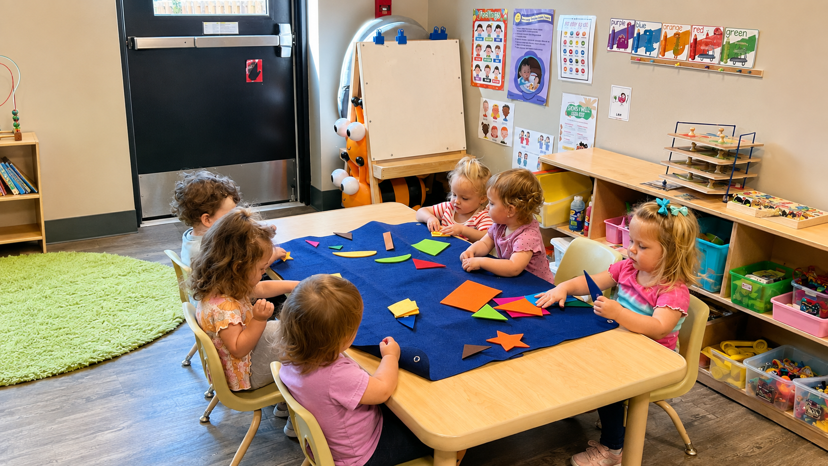 Preschoolers sorting colorful felt shapes together at a classroom table